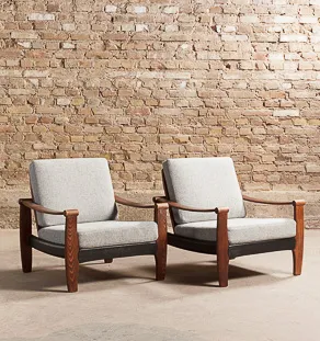 Paire de fauteuils scandinave en hêtre, tissu gris chiné, 1960, vintage
