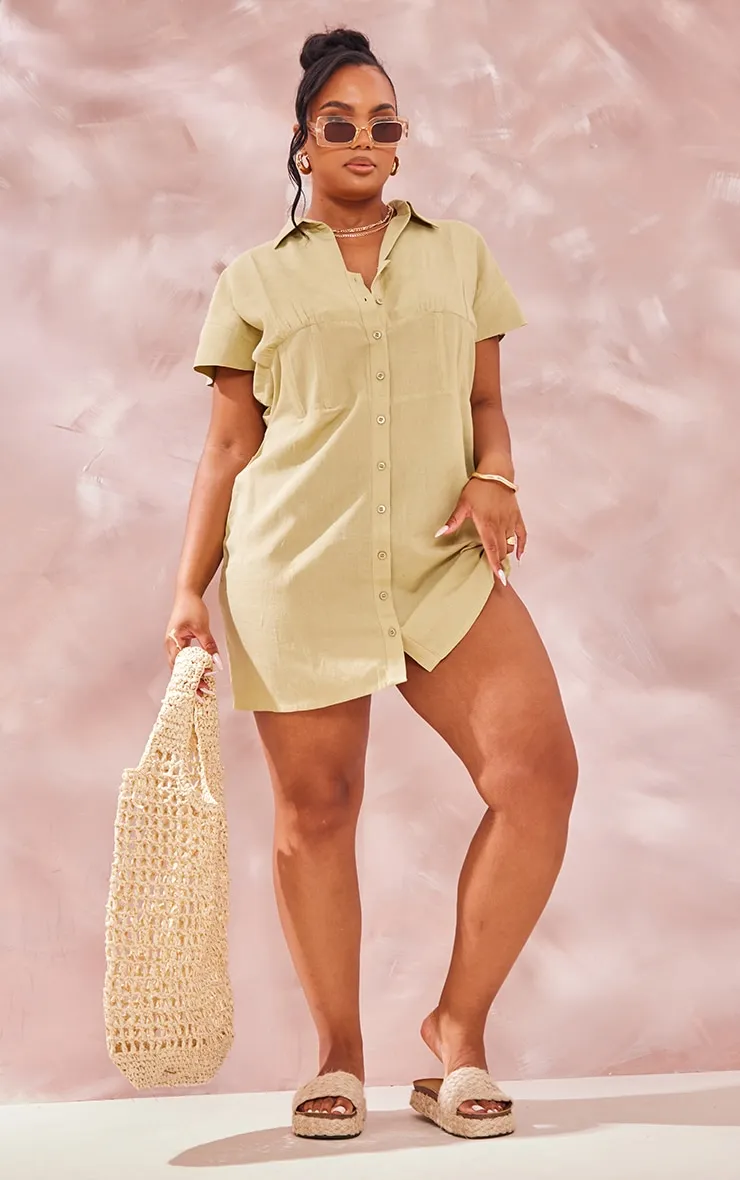 Plus Robe chemise effet lin vert sauge à manches courtes